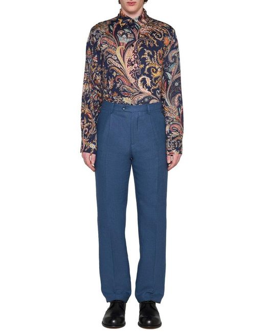 Etro Blue Allover Floral Printed Long-sleeved Shirt for men