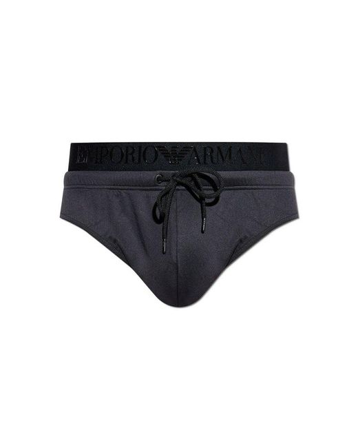Emporio Armani Black Logo Waistband High Waist Swim Trunks for men