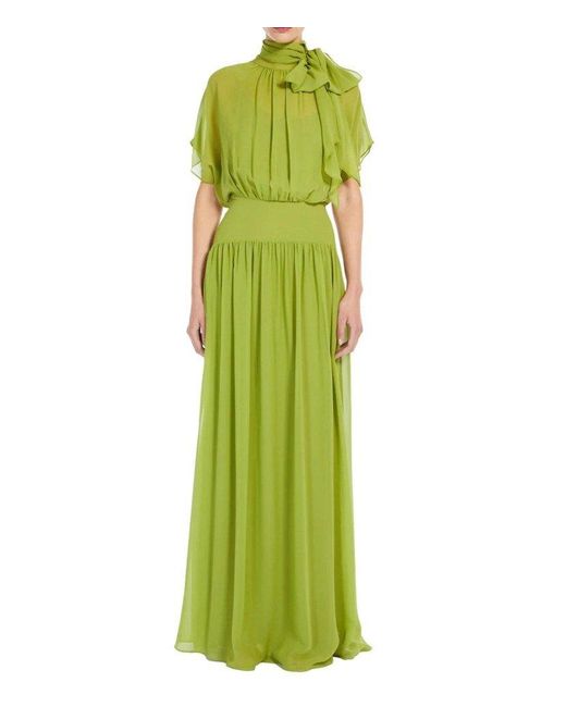 Max Mara Studio Green Bow-detailed Short-sleeved Dress