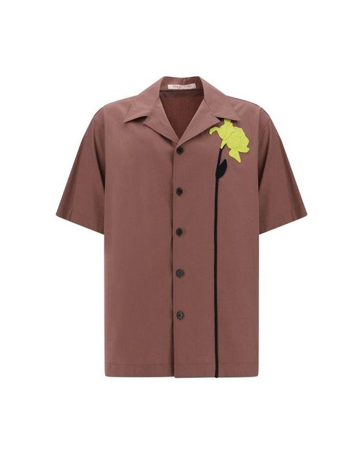 Valentino Brown Floral Embroidered Poplin Bowling Shirt for men