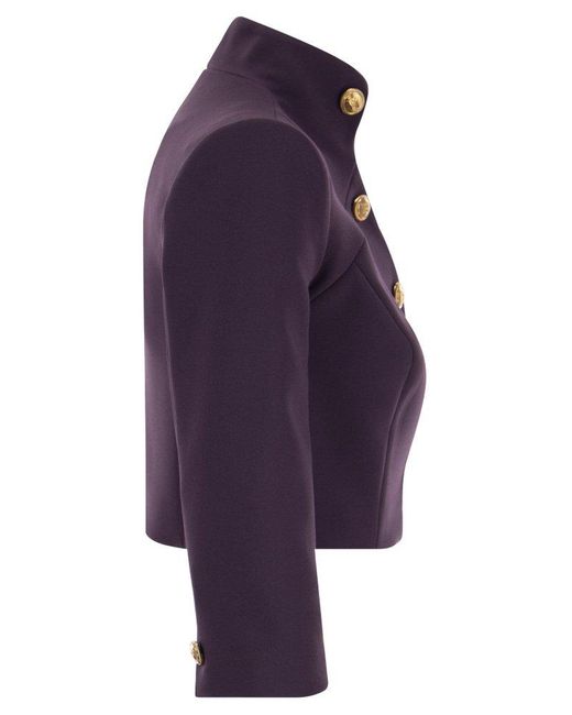 Elisabetta Franchi Blue Crepe Crop Jacket With Stand-Up Collar