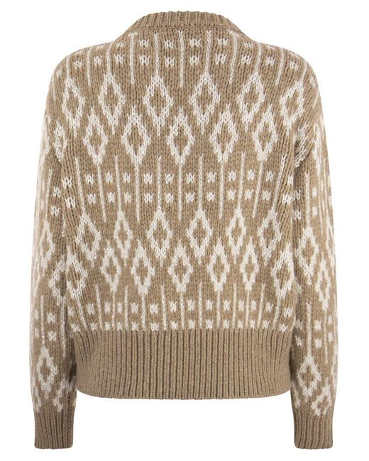 Brunello Cucinelli Brown Dazzling Vintage Jacquard Cashmere Sweater Feather