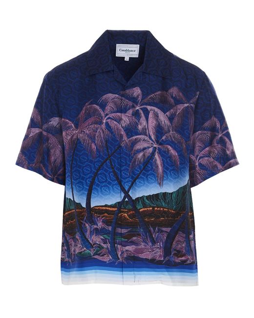 CASABLANCA Blue Palm Tree Printed Short-sleeve Shirt for men
