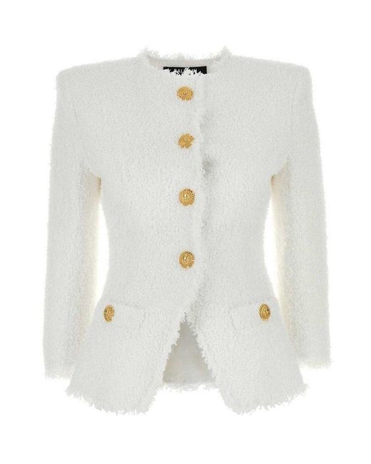 Balmain White Long Sleeved Frayed Hem Tweed Jacket