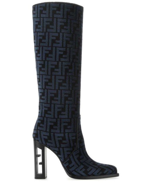 Fendi High-heeled Ff Chenille Boots in Black | Lyst