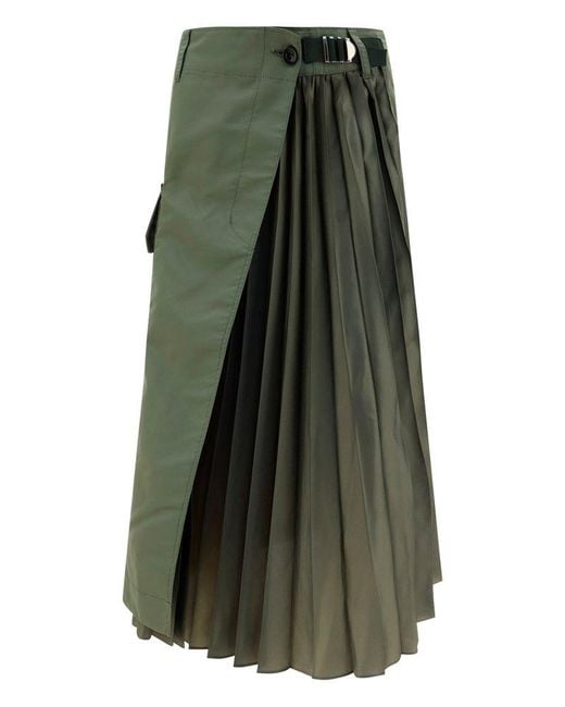 Sacai Green Pleated Panelled Midi Skirt