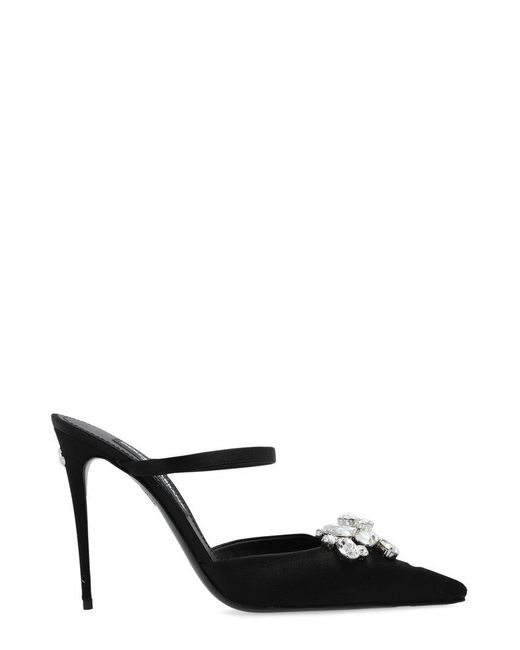 Dolce & Gabbana Black Embellished Pointed Toe Satin Mules