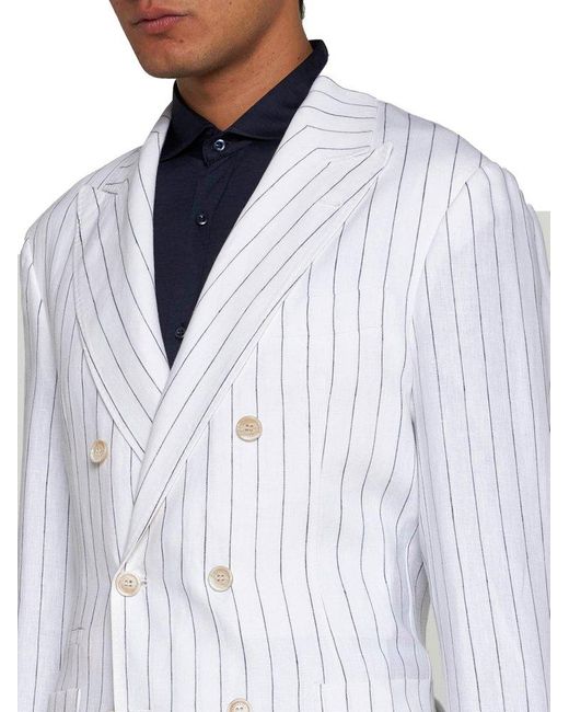 Brunello Cucinelli White Double Breasted Striped Tailored Blazer for men