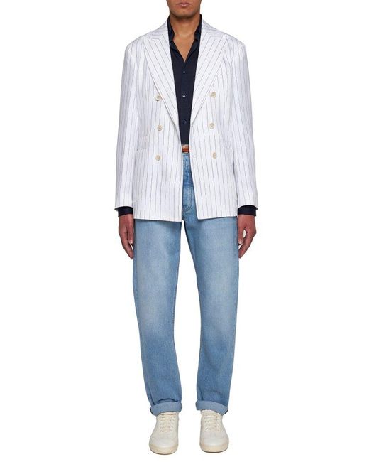 Brunello Cucinelli White Double Breasted Striped Tailored Blazer for men