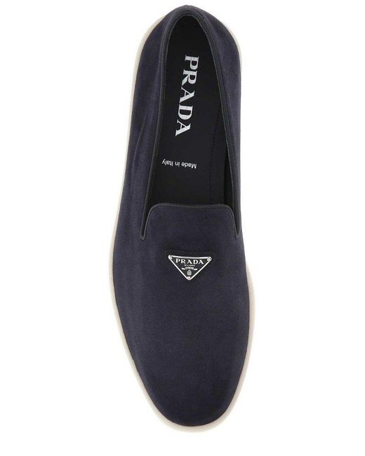 Prada Blue Brand-plaque Slip-on Suede Loafers for men