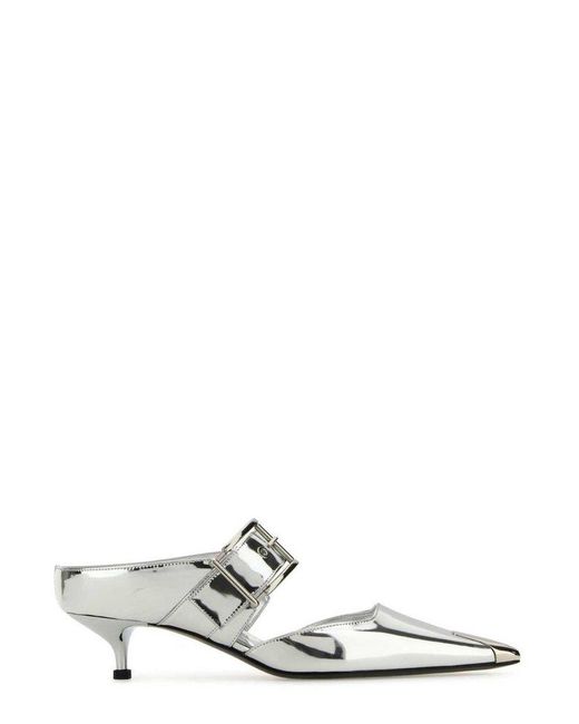 Alexander McQueen White Pointed-toe Buckle-detailed Mules
