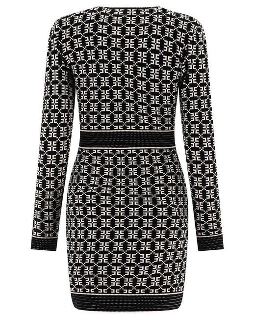 Elisabetta Franchi Black Dress In Jacquard Knit With Logo