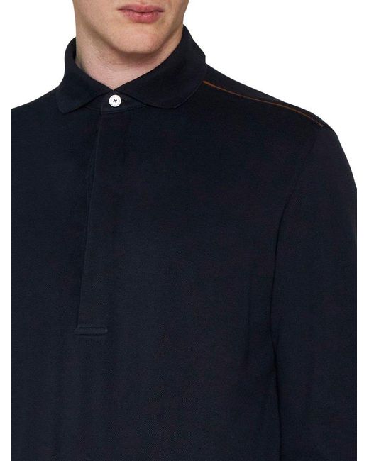Zegna Blue Stripe-detailed Long Sleeved Polo Shirt for men