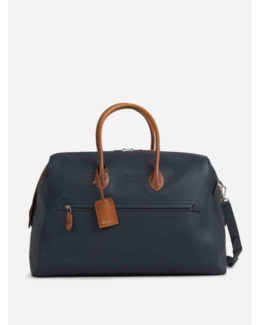Santoni Blue Leather Travel Bag for men
