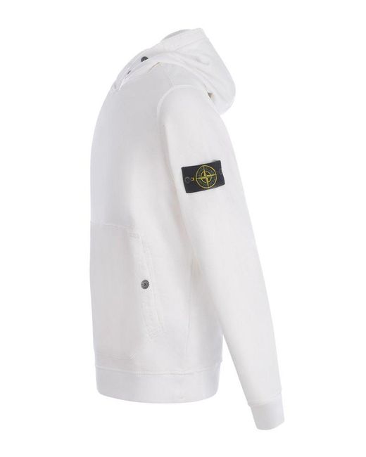 Stone Island White Compass Patch Cotton Hoodie for men