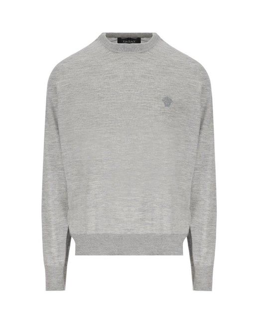 Versace Gray Logo Embroidered Crewneck Knitted Jumper for men