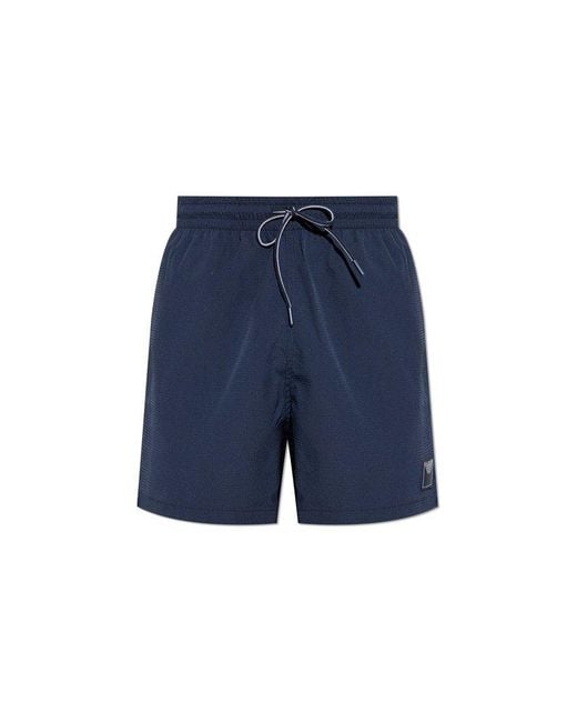 Emporio Armani Blue Logo Patch Drawstring Swim Shorts for men