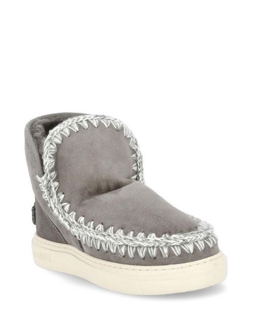 Mou Gray Eskimo Whipstitch-Trim Round-Toe Ankle Boots
