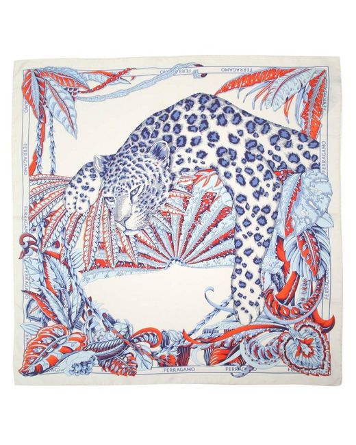 Ferragamo Blue Graphic Printed Silk Scarf