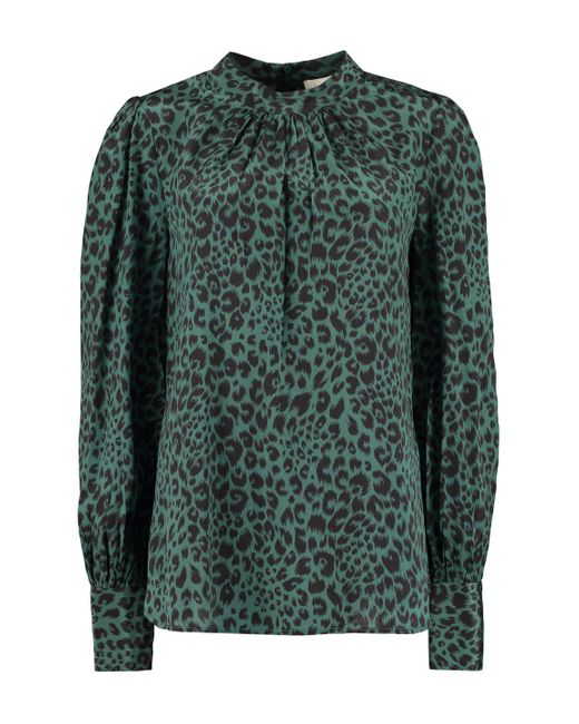 Zimmermann Silk Leopard Printed Mock-neck Blouse in Green - Lyst
