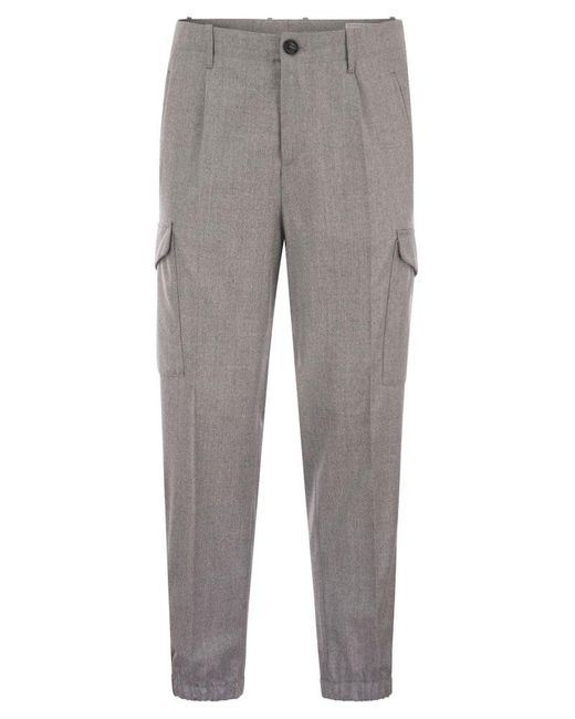 Brunello Cucinelli Gray Virgin Wool Trousers With Cargo Pockets And Bottom Zip for men