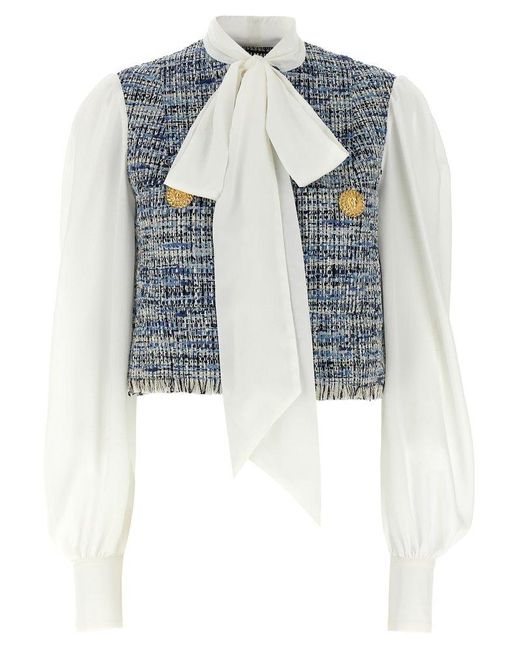 Balmain Blue Tie-Detailed Tweed Cropped Jacket