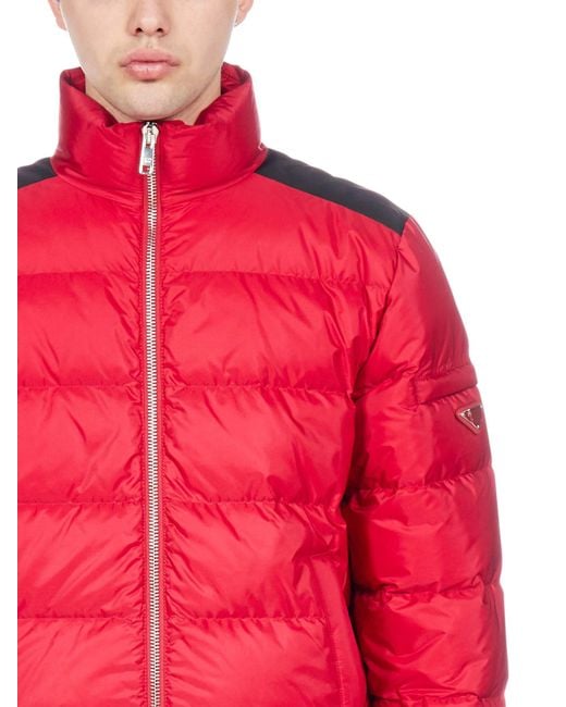 Prada Synthetic Triangle Logo Puffer Jacket in Red for Men Lyst