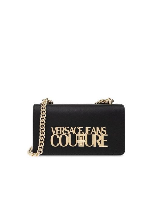 Versace Jeans Black Logo Lettering Foldover Top Shoulder Bag
