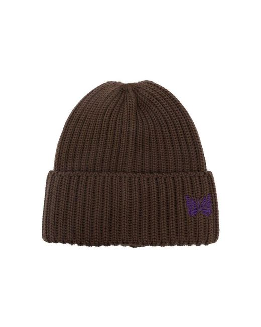 Needles Brown Butterfly Logo Embroidered Knitted Beanie for men