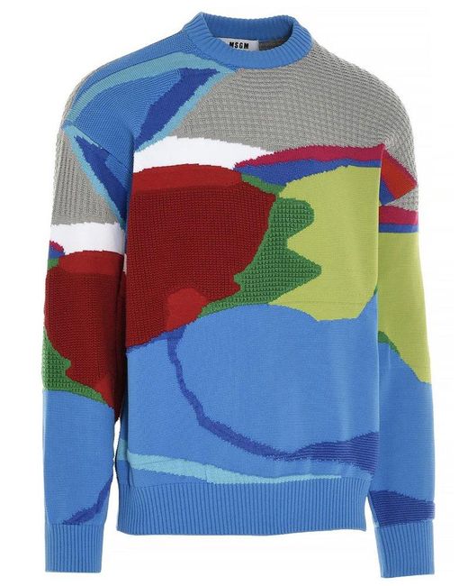MSGM Abstract Patterned Knit Jumper in Blue for Men | Lyst