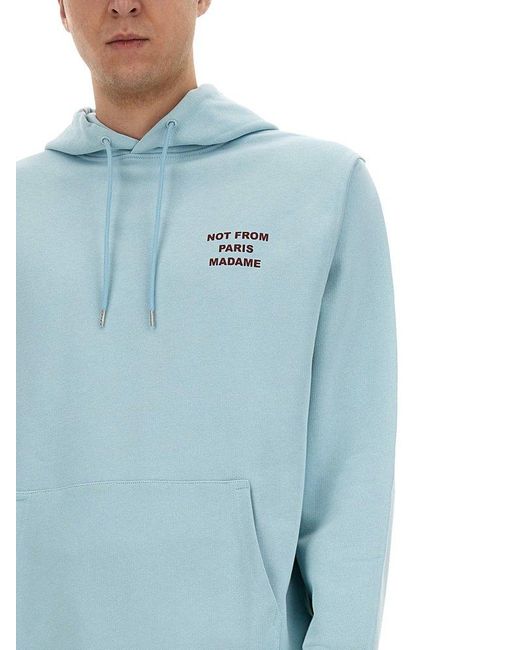 Drole de Monsieur Blue Slogan Printed Drawstring Hoodie for men
