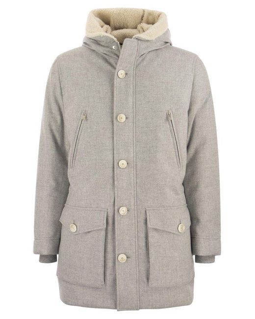 Brunello Cucinelli Gray Wool, Silk And Cashmere Parka With Down Filling And Shearling-lined Hood for men