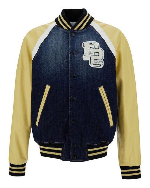DSquared² 'college' Yellow And Blue Varsity Jacket With Logo Patch And Contrasting Sleeves In Stretch Cotton Man for men