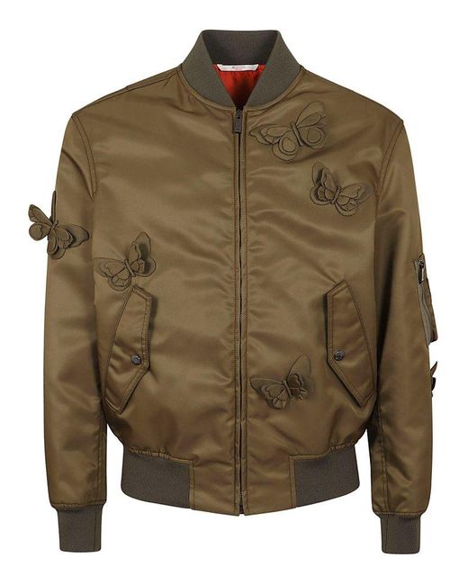 Valentino Butterfly-appliqué Zip-up Bomber Jacket in Green for Men | Lyst