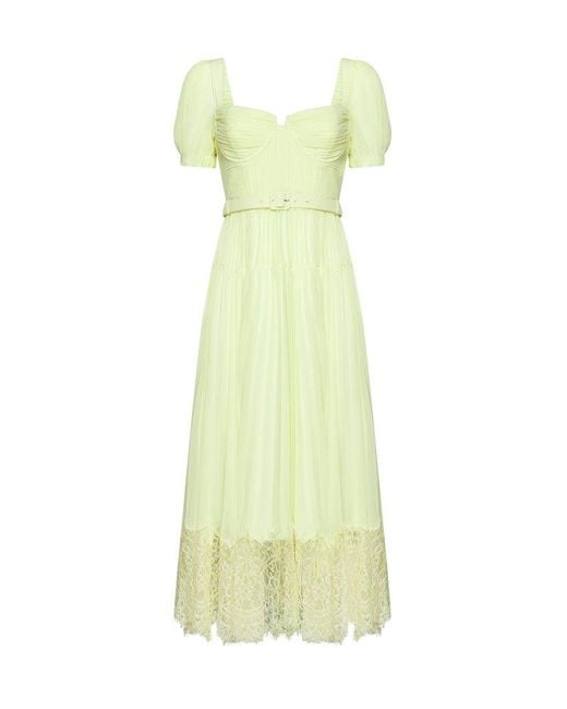 Self-Portrait Green Lace-panelled Belted Pleated Midi Dress