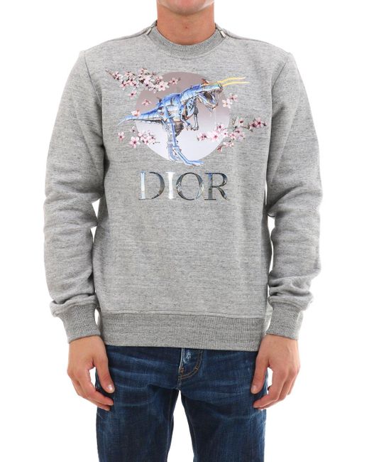 Dior Homme Gray Sorayama Dinosaur Print Sweatshirt for men
