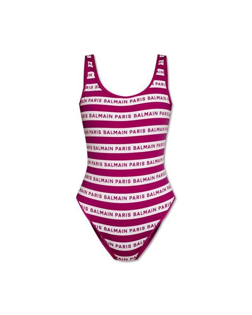 Balmain Pink All-over Logo One Piece Swimsuit