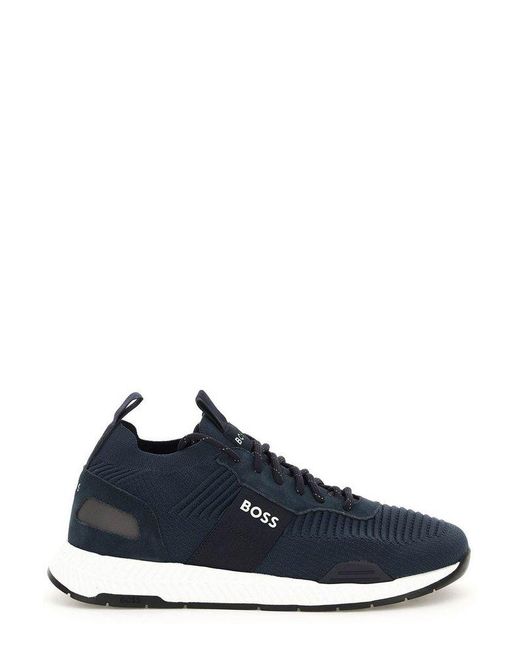 BOSS by HUGO BOSS Leather Logo Debossed Lace-up Sneakers in Navy (Blue ...