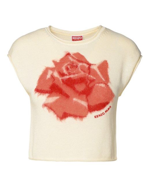 KENZO Natural Floral Intarsia-knit Cropped Top