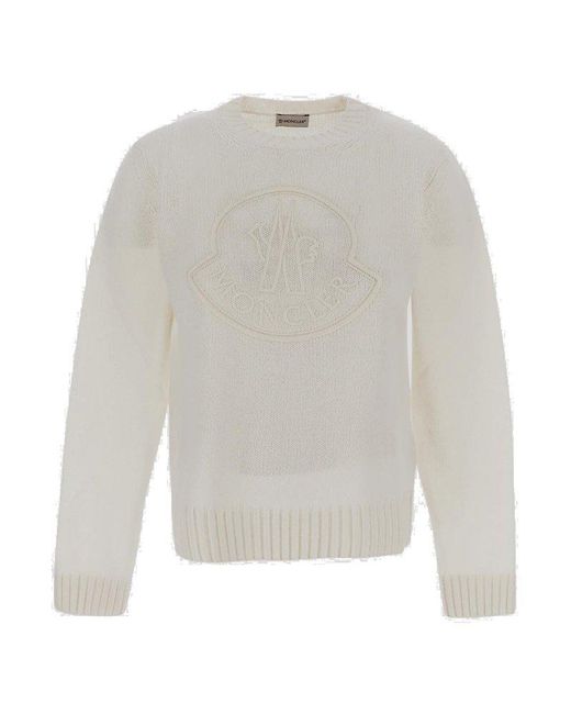 Moncler Logo Embroidered Knit Sweater in White | Lyst