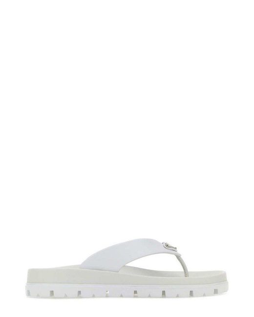 Prada White Triangle-logo Round-toe Flip Flops