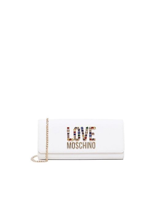 Moschino White Logo-lettering Chain-linked Clutch Bag