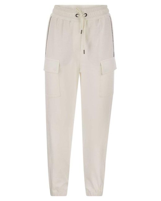 Brunello Cucinelli White Smooth Cotton Fleece Cargo Pants With Monile