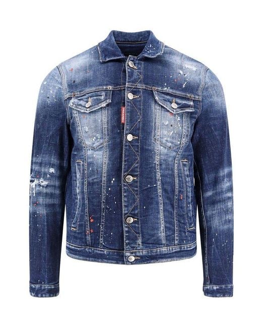 DSquared² Blue D2 Paint-Splattered Denim Jacket for men
