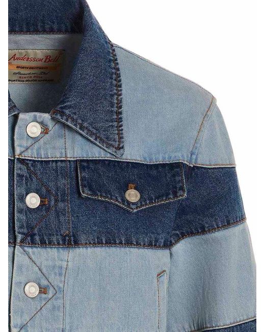 ANDERSSON BELL Blue Mahina Patchwork-striped Cropped Denim Jacket