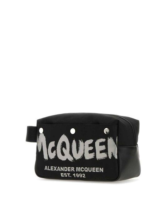 Alexander McQueen Black Logo Printed Zipped Toiletry Bag for men