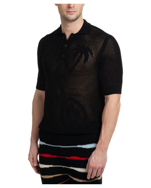 Barrow Black Intarsia-knit Short-sleeved Polo Shirt for men