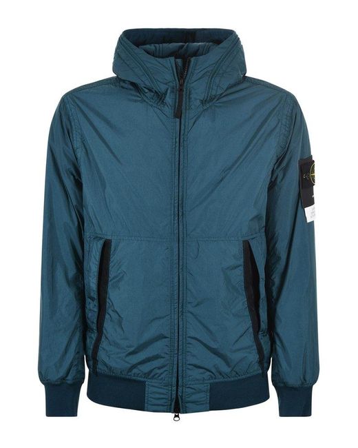 Stone Island Blue Logo Patch Hooded Zipped Jacket for men