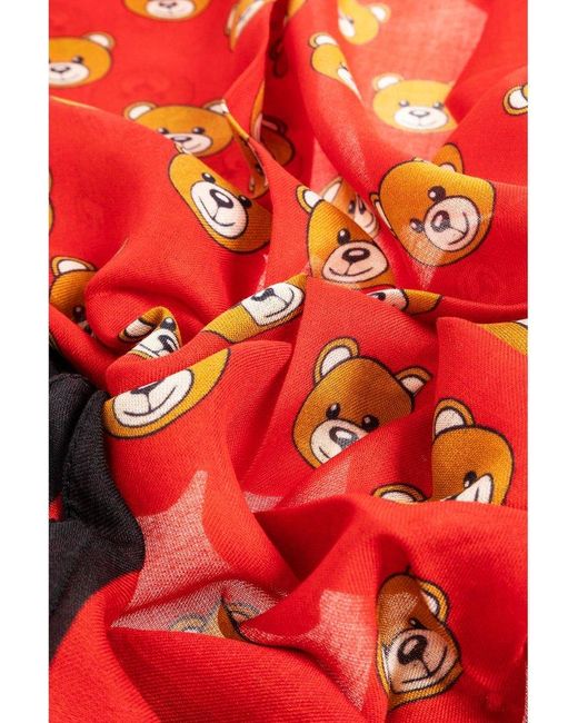 Moschino Red Scarf With Teddy Bear Motif,