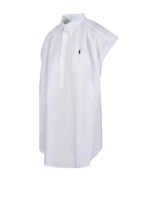Polo Ralph Lauren Polo Pony Embroidered Curved Hem Blouse in White | Lyst